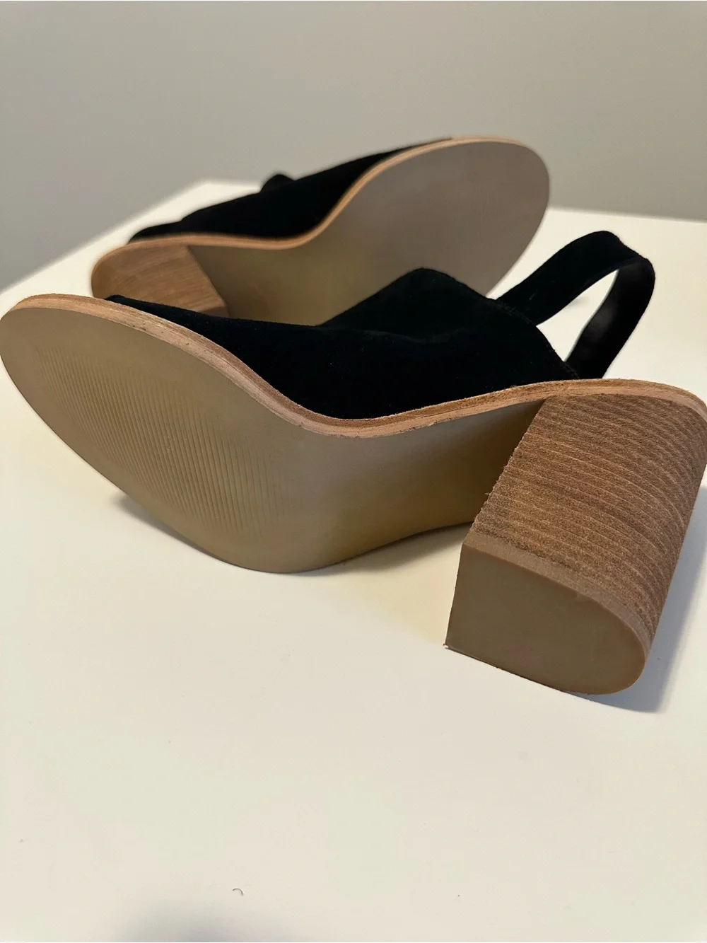 Steven Madden Black Suede Peep Toe Slingback Heels | Wood Block Heels | - Picture 10 of 14